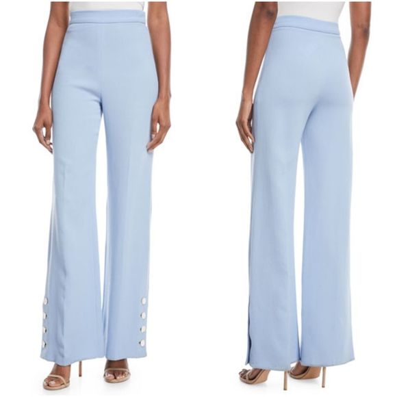 Lela Rose 10 Wool Crepe Wide Leg Straight Pants Buttons High Rise Waist Blue - Picture 6 of 10